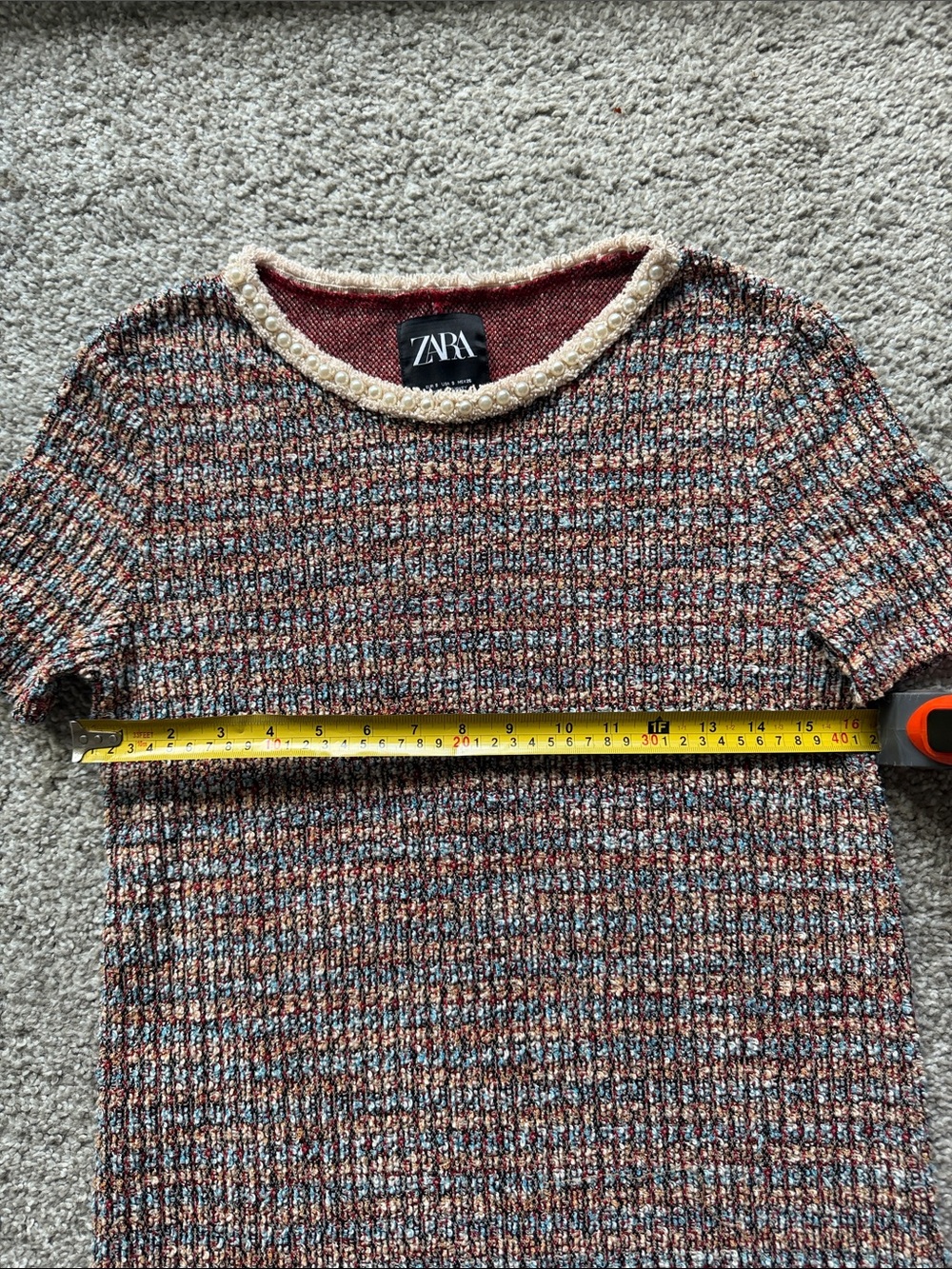 Zara Multicolor Tweed Short-Sleeve Shift Dress with Cream Neckline Pearl Size S - Picture 6 of 7